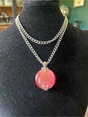 Vintage Y2K Pink Cat Eye Cabochon Pendant Necklace Silver Tone Chunky Chain